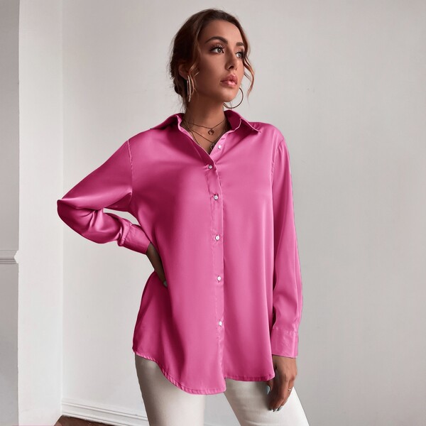 

Button Up Solid Tunic Blouse, Hot pink