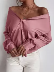 GENKIRA Áo sơ mi Nút Lên Chất rắn Áo  khoác - Bụi hồng - Xem 6