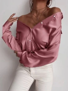 GENKIRA Áo sơ mi Nút Lên Chất rắn Áo  khoác - Bụi hồng - Xem 7