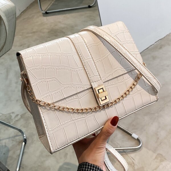

Croc Embossed Turn-lock Flap Satchel Bag, Beige