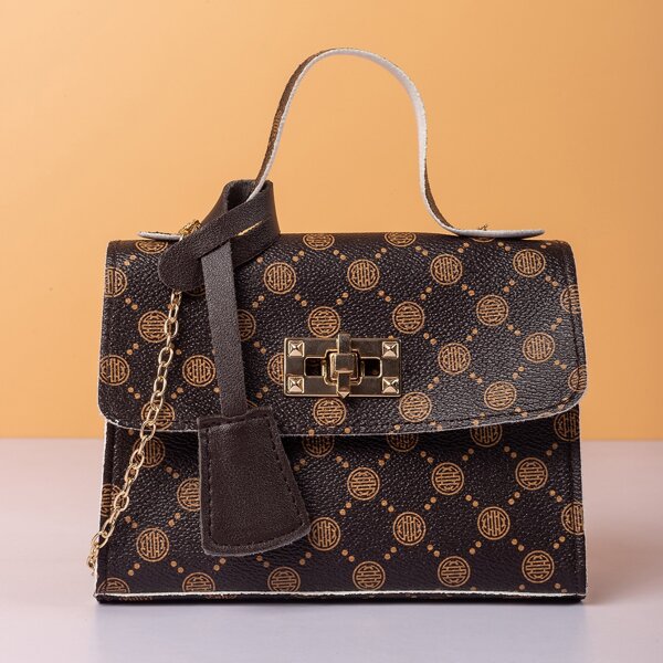 

Graphic Print Toggle Lock Chain Satchel Bag, Brown
