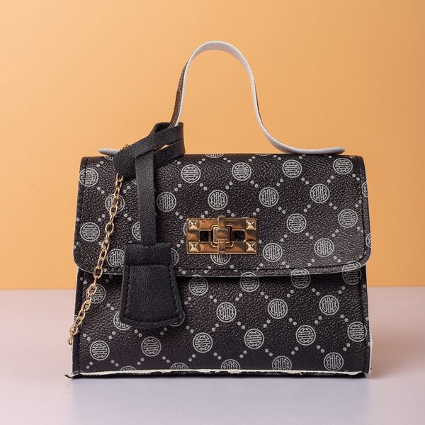 

Graphic Print Toggle Lock Chain Satchel Bag, Black