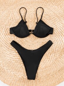 Ruched Butt Underwire High Cut Bikini - Black - View 4