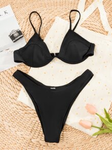 Ruched Butt Underwire High Cut Bikini - Black - View 7