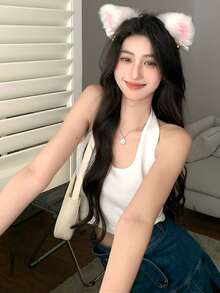 Heather Gray Crop Halter Top - White - View 4