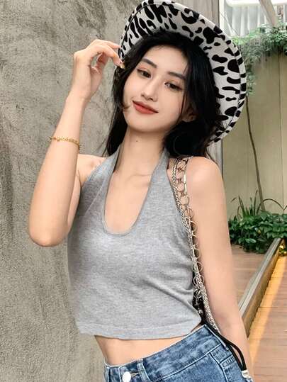 Heather Gray Crop Halter Top