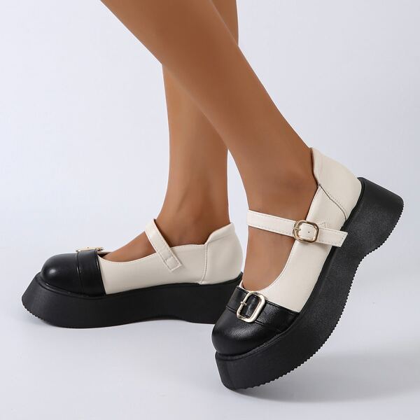 

Two Tone Buckle Detail Flatform Mary Janes, Black