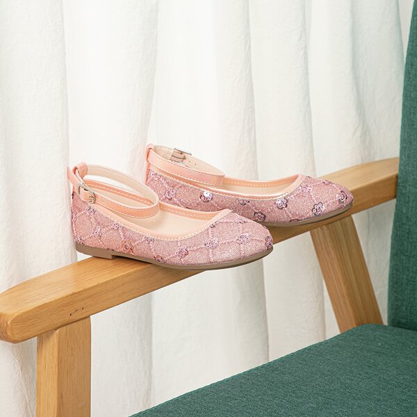 

Girls Sequin Decor Ankle Strap Flats, Pink