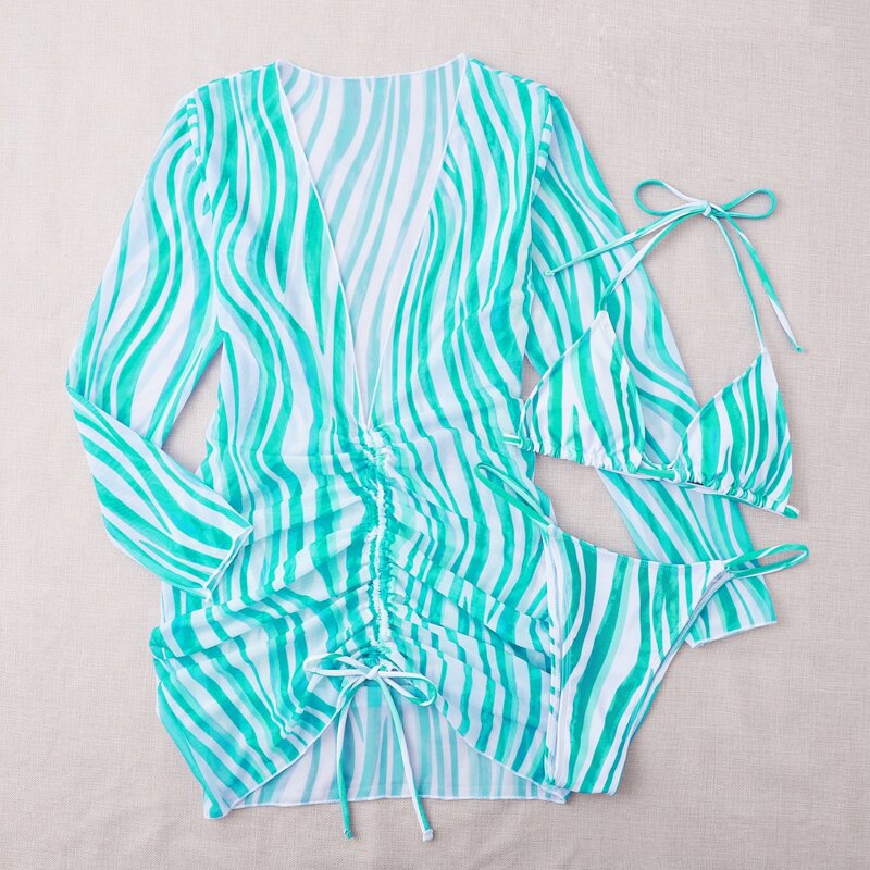 

3pack Striped Halter Triangle Thong Bikini Swimsuit & Cover Up, Multicolor
