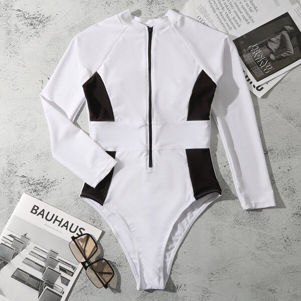 

Colorblock Zipper Front High Neck One Piece Swimsuit, Black and white