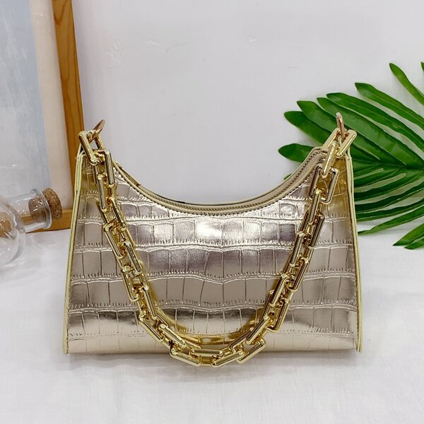 

Metallic Croc Embossed Baguette Bag, Gold