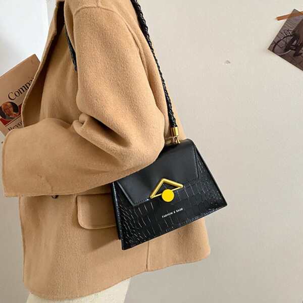 

Metal Decor Croc Embossed Flap Square Bag, Black