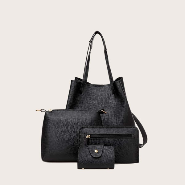 

4pcs Litchi Embossed Tote Bag Set, Black