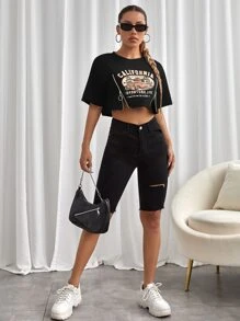 StreetHx Letter Graphic Zip Detail Crop Tee Graphic Tees Women Tops