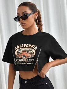 StreetHx Letter Graphic Zip Detail Crop Tee Graphic Tees Women Tops