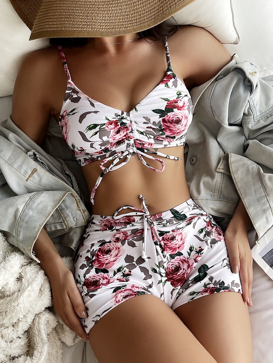 Bikini con shorts con cordón frontal con estampado floral para playa de verano - Multicolor - Ver 1