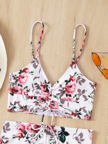 Bikini con shorts con cordón frontal con estampado floral para playa de verano - Multicolor - Ver 3