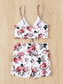 Bikini con shorts con cordón frontal con estampado floral para playa de verano - Multicolor - Ver 5