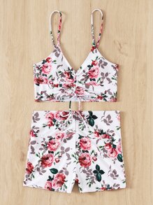 Bikini con shorts con cordón frontal con estampado floral para playa de verano - Multicolor - Ver 6