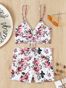 Bikini con shorts con cordón frontal con estampado floral para playa de verano - Multicolor - Ver 7