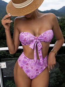 Floral Print Knot Front Bandeau Bikini, For Summer Beach Vacation - Lilac Purple - View 1