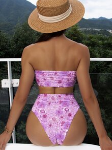 Floral Print Knot Front Bandeau Bikini, For Summer Beach Vacation - Lilac Purple - View 2