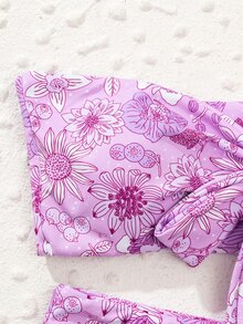 Floral Print Knot Front Bandeau Bikini, For Summer Beach Vacation - Lilac Purple - View 3