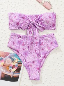 Floral Print Knot Front Bandeau Bikini, For Summer Beach Vacation - Lilac Purple - View 5