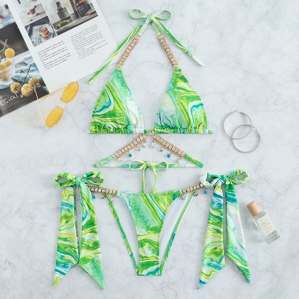 

Marble Print Chain Linked Triangle Bikini Swimsuit, Green