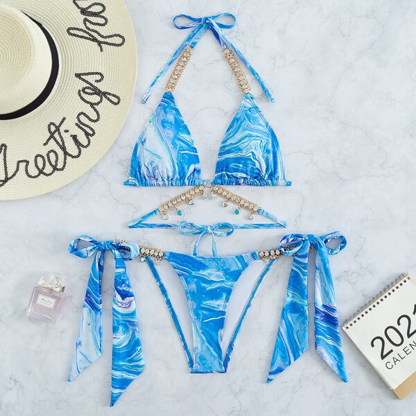 

Marble Print Chain Linked Triangle Bikini Swimsuit, Blue