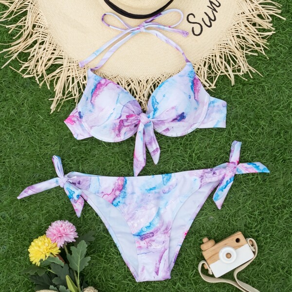 

Marble Print Push Up Tie Side Bikini Swimsuit, Multicolor