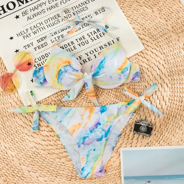 

Marble Print Push Up Tie Side Bikini Swimsuit, Multicolor