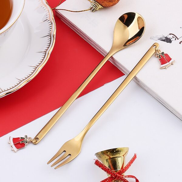 

2pcs Christmas Bell Spoon & Fork Set, Gold