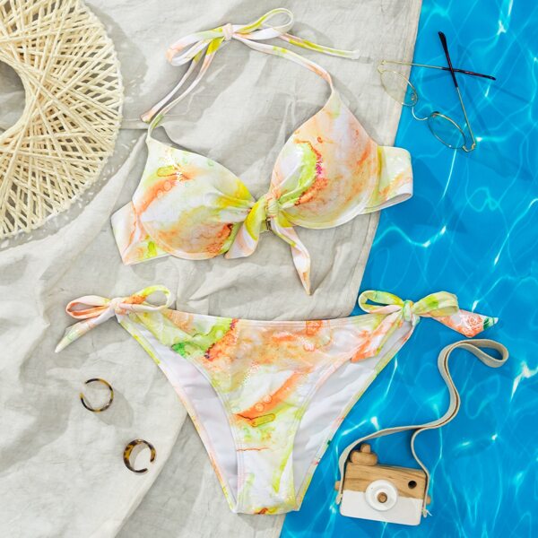 

Marble Print Push Up Tie Side Bikini Swimsuit, Multicolor