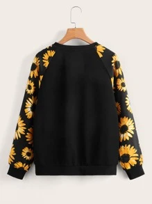 SHEIN LUNE Sudadera con girasol de manga raglán - Negro - Ver 2