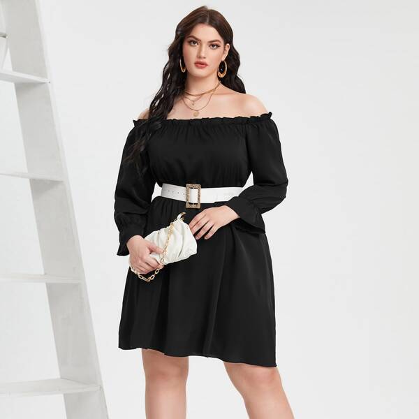 

Plus Off Shoulder Frill Trim Flounce Sleeve Dress Without Belt, Black