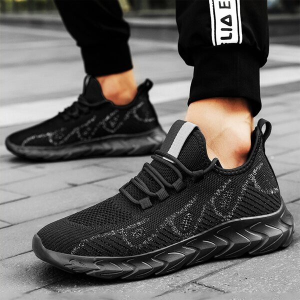 

Men Knit Lace Up Front Running Shoes, Black