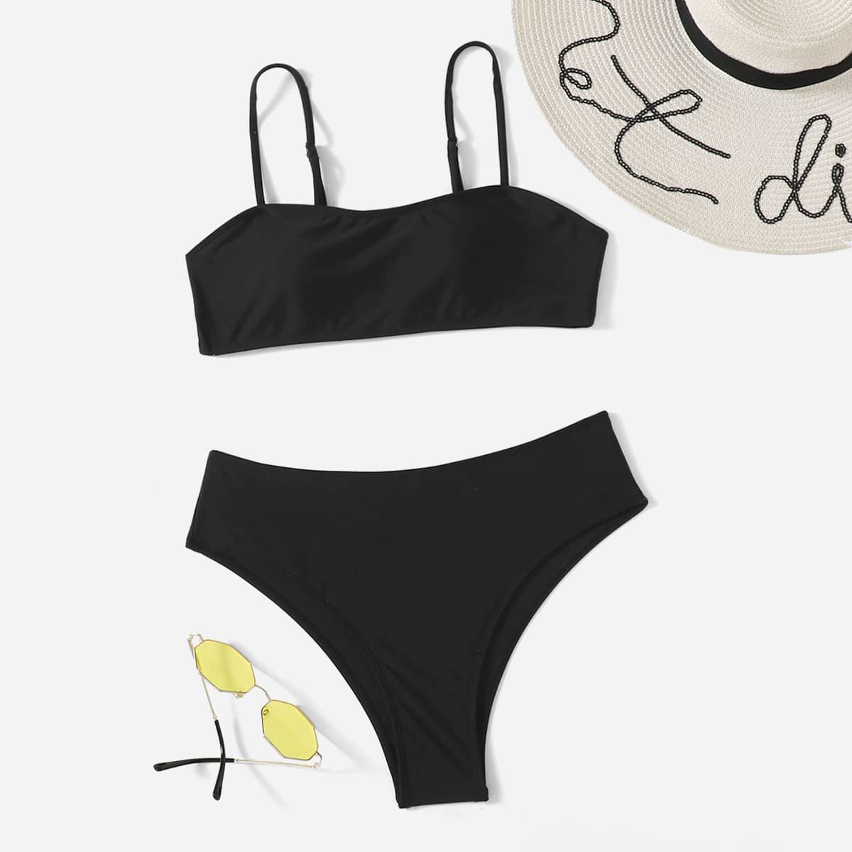 

Solid High Waisted Bikini Swimsuit, Black