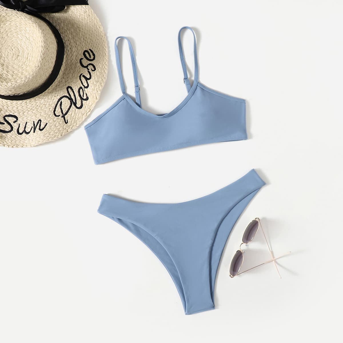 

Solid High Cut Bikini Swimsuit, Baby blue