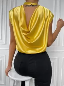 SHEIN Allurite Draped Back Button Detail Satin Top - Yellow - View 1