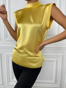 SHEIN Allurite Draped Back Button Detail Satin Top - Yellow - View 3