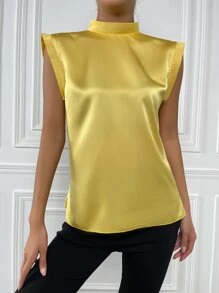 SHEIN Allurite Draped Back Button Detail Satin Top - Yellow - View 4