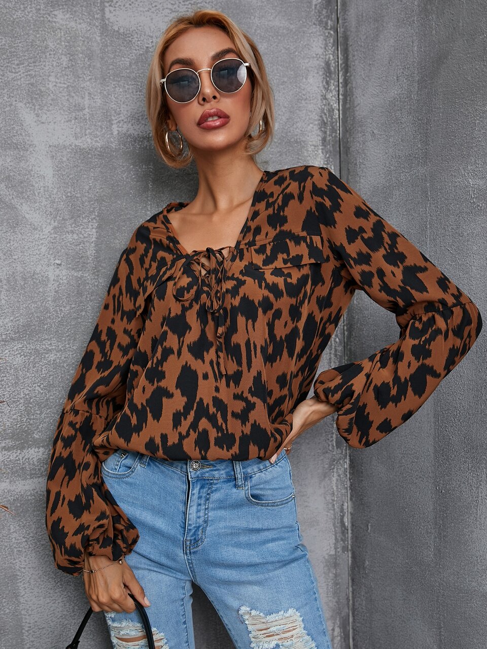 Allover Print Lace Up Front Lantern Sleeve Blouse