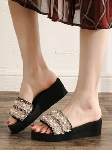 Dép quai chữ V đính ngọc trai giả cho nữ, Dép cao gót, Mùa hè - Hồng - Xem 1