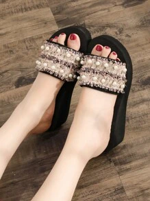 Dép quai chữ V đính ngọc trai giả cho nữ, Dép cao gót, Mùa hè - Hồng - Xem 2