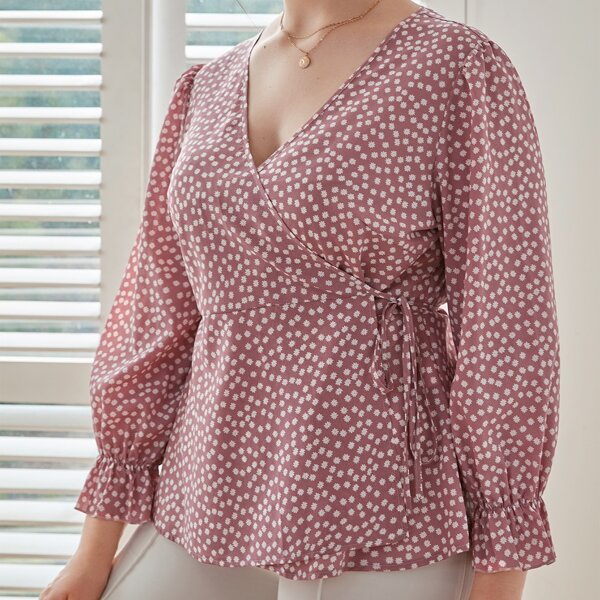 

Plus Ditsy Floral Print Tie Side Flounce Sleeve Blouse, Dusty pink
