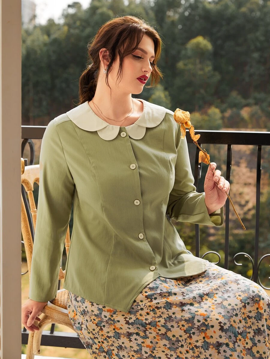 Plus Peter-pan Collar Asymmetrical Hem Coat - Army Green - View 1