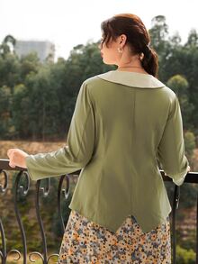 Plus Peter-pan Collar Asymmetrical Hem Coat - Army Green - View 2