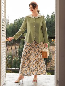 Plus Peter-pan Collar Asymmetrical Hem Coat - Army Green - View 3