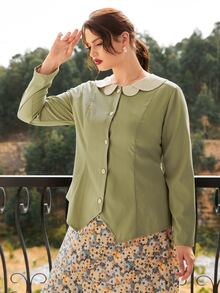 Plus Peter-pan Collar Asymmetrical Hem Coat - Army Green - View 4